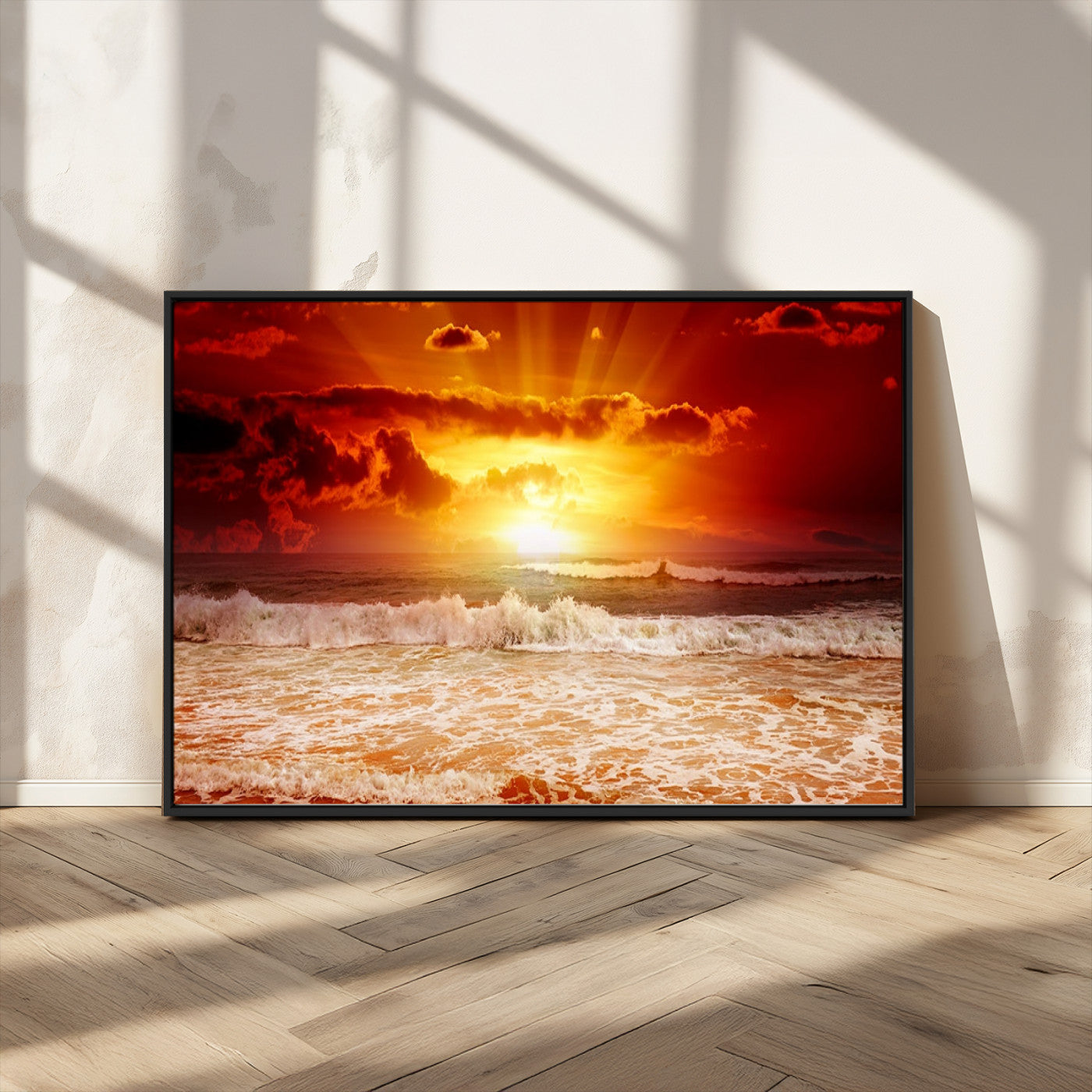 60211-MGV-CV-36X24-Fiery Sunset Ocean Waves Canvas Print – Vibrant Red & Orange Coastal Wall Art, Dramatic Seascape Decor