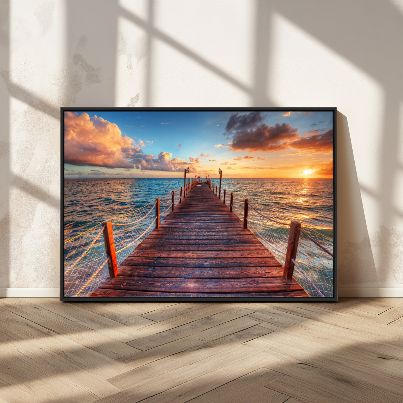 28836-MGV-CV-36X24-Ocean Pier Sunset Wall Art – Wooden Dock and Golden Horizon Canvas Print, Coastal Seascape Photography for Living Room, Bedroom,