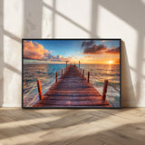 28836-MGV-CV-36X24-Ocean Pier Sunset Wall Art – Wooden Dock and Golden Horizon Canvas Print, Coastal Seascape Photography for Living Room, Bedroom,