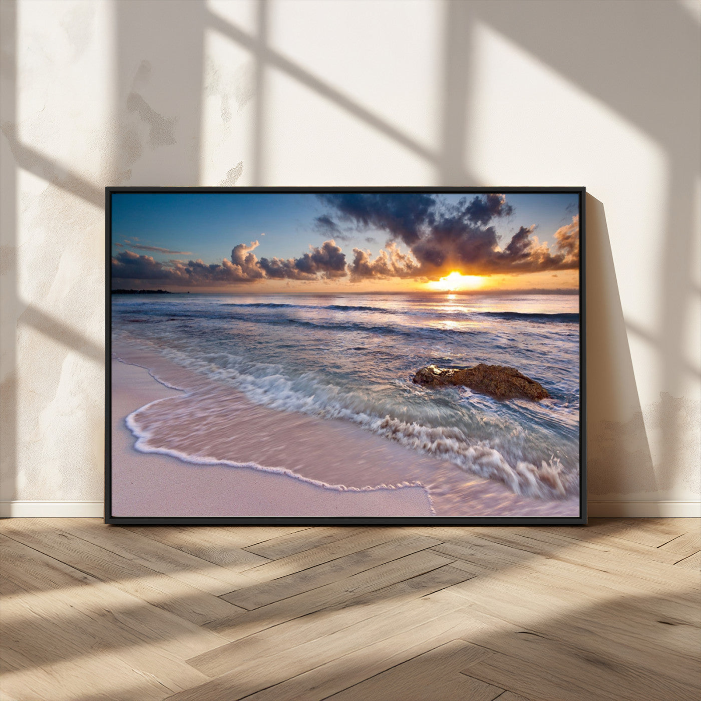 94906-MGV-CV-36X24-Sunrise Beach Wall Art – Panoramic Ocean Waves Canvas Print, Coastal Sunset Seascape Artwork for Living Room, Bedroom, or Office