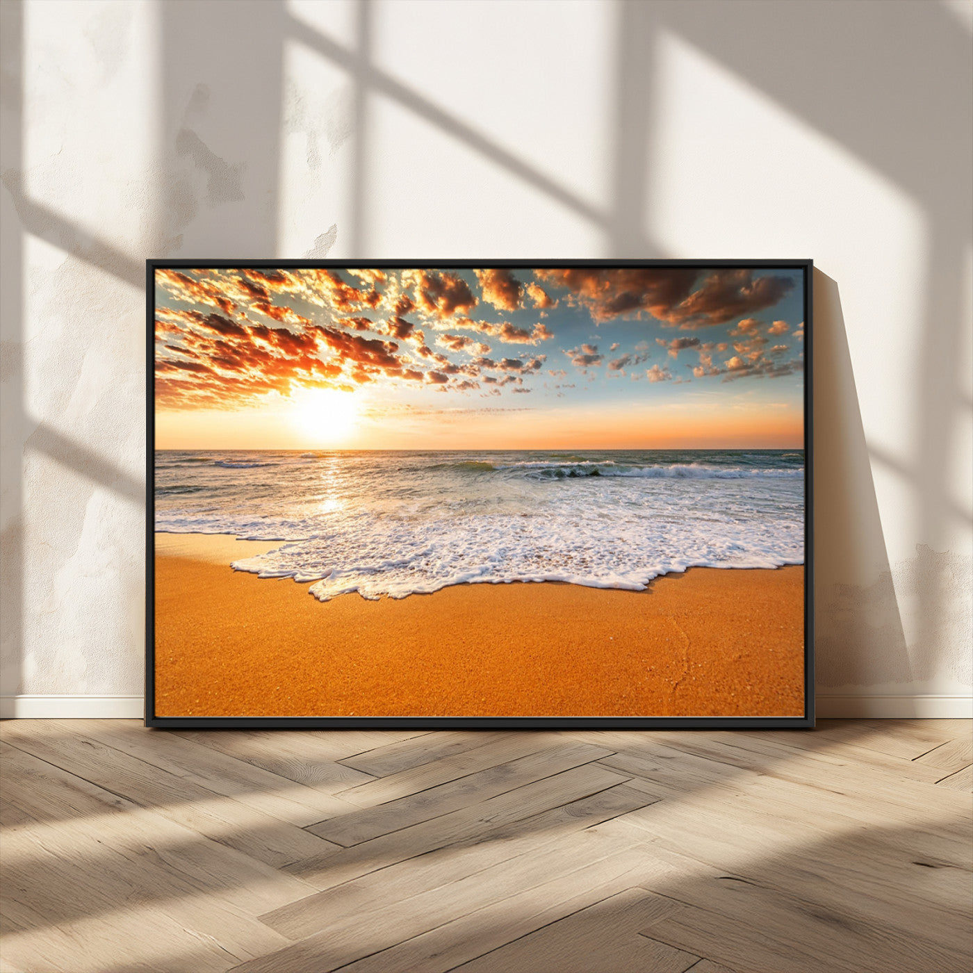 15399-MGV-CV-36X24-Golden Sunrise Beach Wall Art – Ocean Waves on Sandy Shore Canvas Print, Coastal Seascape Decor for Living Room or Bedroom