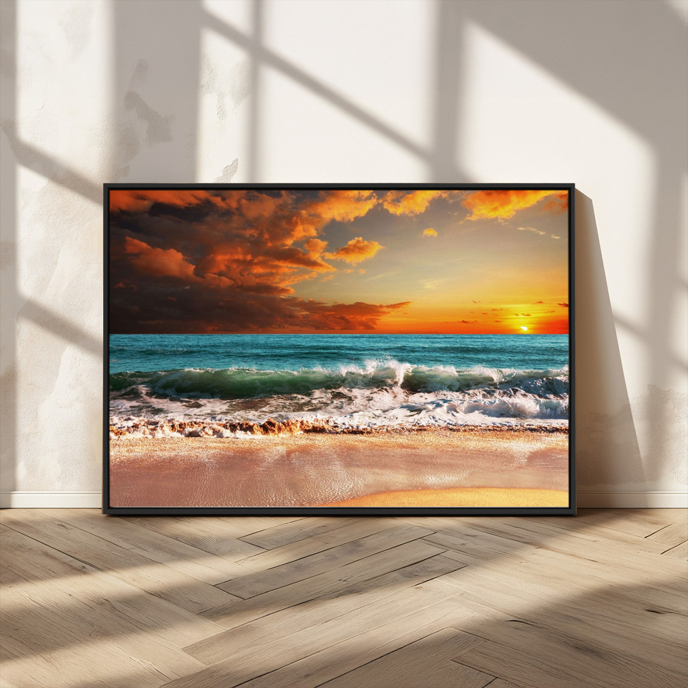 72948-MGV-CV-36X24-Ocean Sunset Wave Wall Art – Dramatic Seascape Canvas Print with Golden Sky and Crashing Waves, Coastal Beach Decor for Living