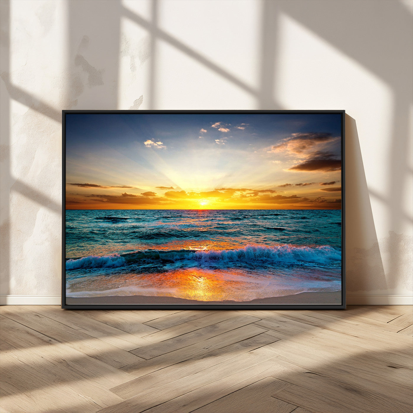 50627-MGV-CV-36X24-Ocean Sunset Wall Art – Serene Beach Canvas Print with Waves and Golden Sky, Coastal Decor for Living Room or Office