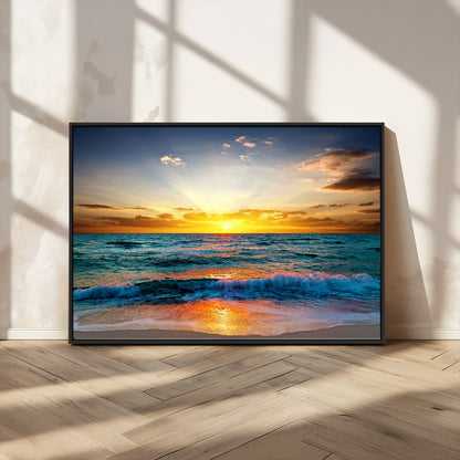 50627-MGV-CV-36X24-Ocean Sunset Wall Art – Serene Beach Canvas Print with Waves and Golden Sky, Coastal Decor for Living Room or Office