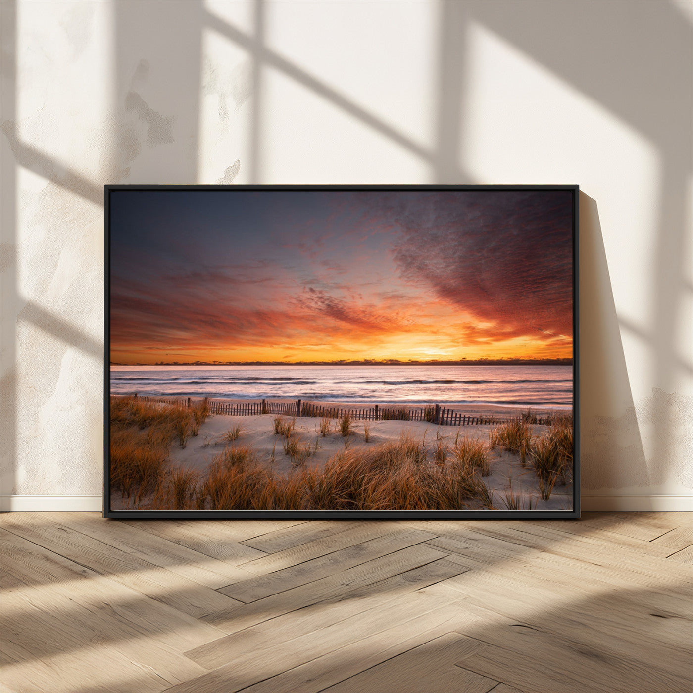 90176-MGV-CV-36X24-Beach Sunset Wall Art – Coastal Sand Dune Canvas Print with Ocean Waves and Dramatic Sky, Seaside Landscape Decor for Living Room