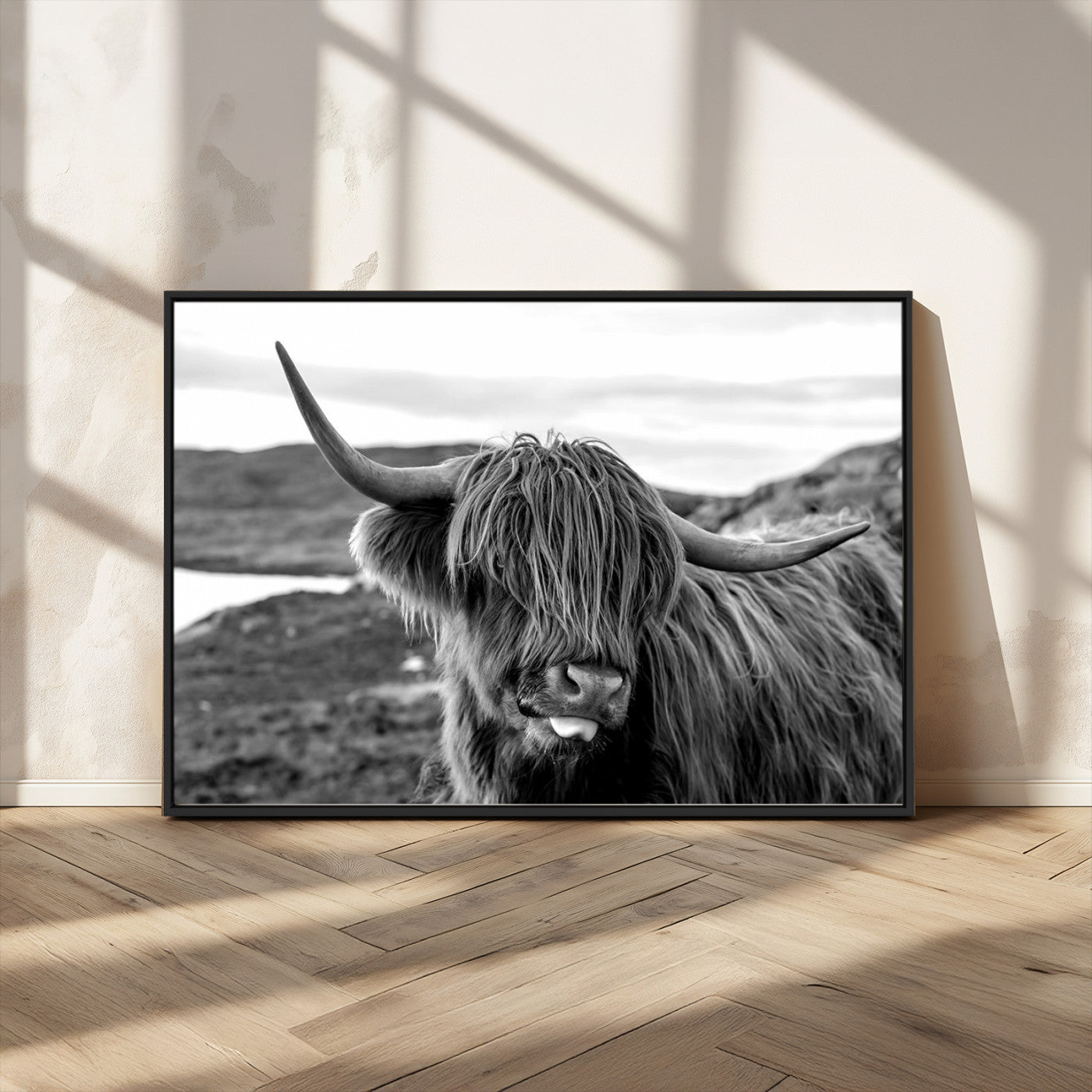83810-MGV-CV-36X24-Highland Cow Wall Art – Black and White Highland Cattle Print, Rustic Farmhouse Animal Decor for Living Room or Office