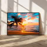 34674-MGV-CV-36X24-Tropical Sunset Beach Wall Art – Palm Tree Ocean Canvas Print, Coastal Seascape Decor for Living Room or Office Wall