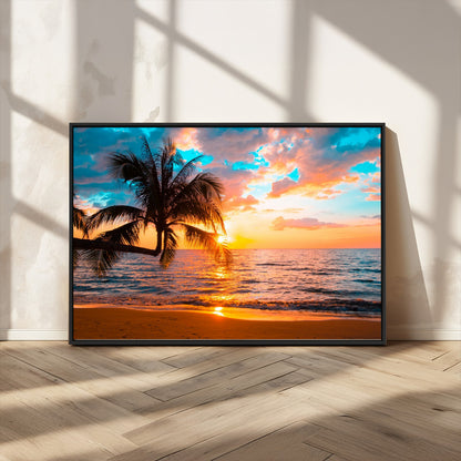34674-MGV-CV-36X24-Tropical Sunset Beach Wall Art – Palm Tree Ocean Canvas Print, Coastal Seascape Decor for Living Room or Office Wall