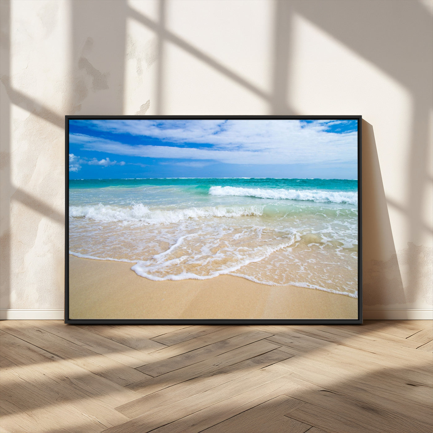 20660-MGV-CV-36X24-Ocean Wave Beach Wall Art – Serene Blue Sea and Sandy Shore Canvas Print, Coastal Landscape Photography Decor for Living Room or