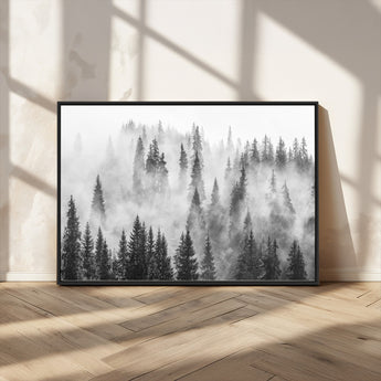 10422-MGV-CV-36X24-Misty Pine Forest Wall Art – Black and White Foggy Landscape Canvas Print, Serene Nature Woodland Decor for Bedroom, Office or