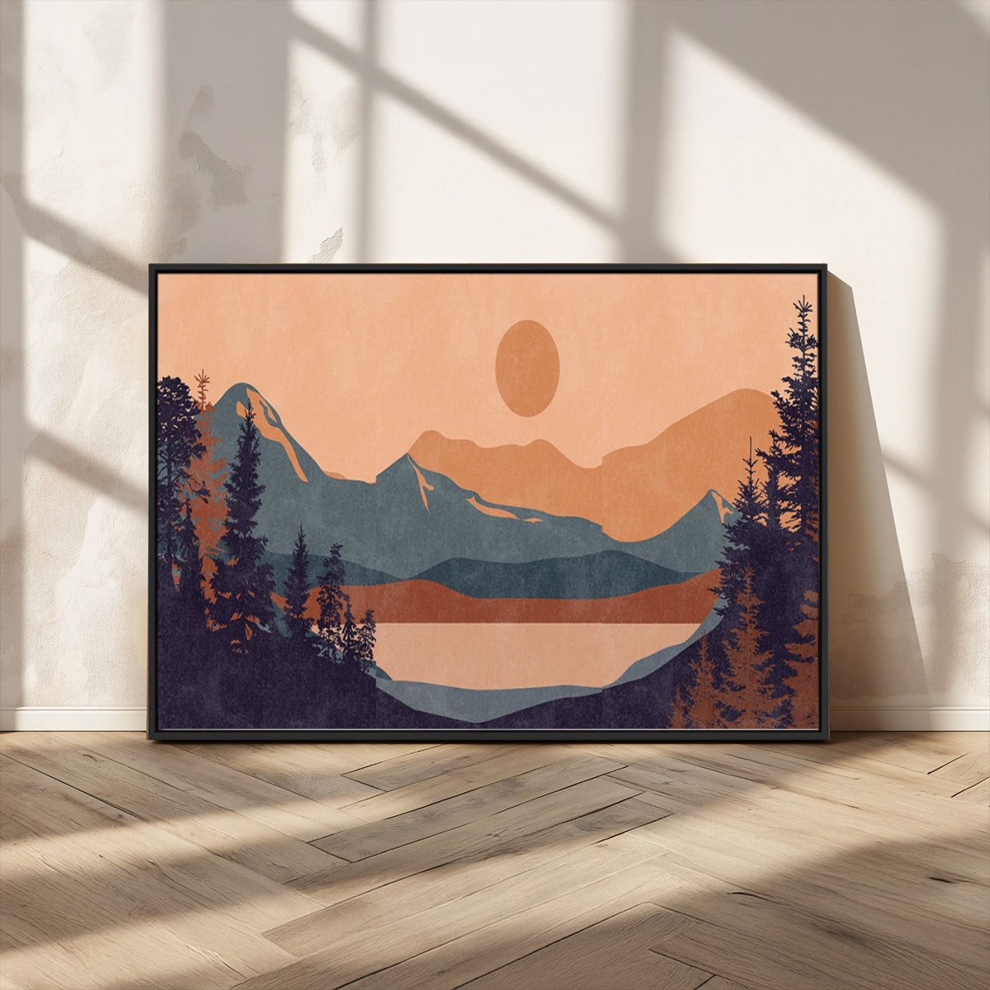 62795-MGV-CV-36X24-Minimalist Mountain Landscape Wall Art – Abstract Sunset Over Peaks and Pine Trees Canvas Print, Modern Nature Decor for Living
