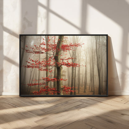 61855-MGV-CV-36X24-Misty Forest Wall Art – Red Tree with Autumn Leaves Canvas Print, Moody Woodland Nature Decor for Living Room, Bedroom, or Office