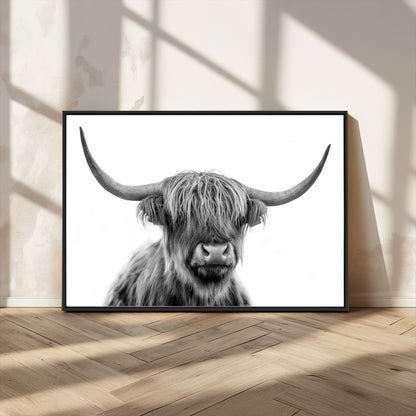 10123-MGV-CV-36X24-Black and White Highland Cow Wall Art – Modern Farmhouse Animal Print, Rustic Scottish Bull Canvas Decor for Living Room, Bedroom,