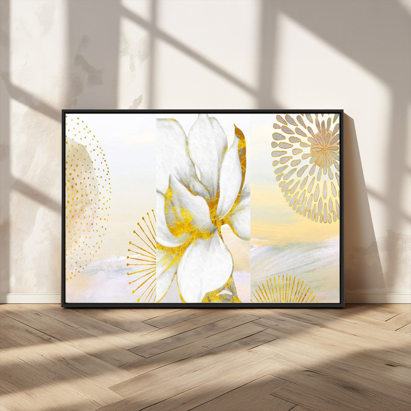 82301-MGV-FC-36X24_Black-Modern Floral Wall Art – White Flower with Gold Detailing Canvas Print, Elegant Abstract Artwork for Living Room, Bedroom, or