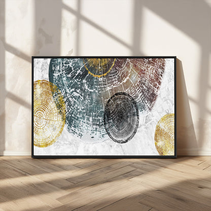 70653-MGV-CV-36X24-Abstract Tree Ring Wall Art – Modern Rustic Wood Slice Canvas Print with Gold Accents, Contemporary Nature Decor for Living Room,