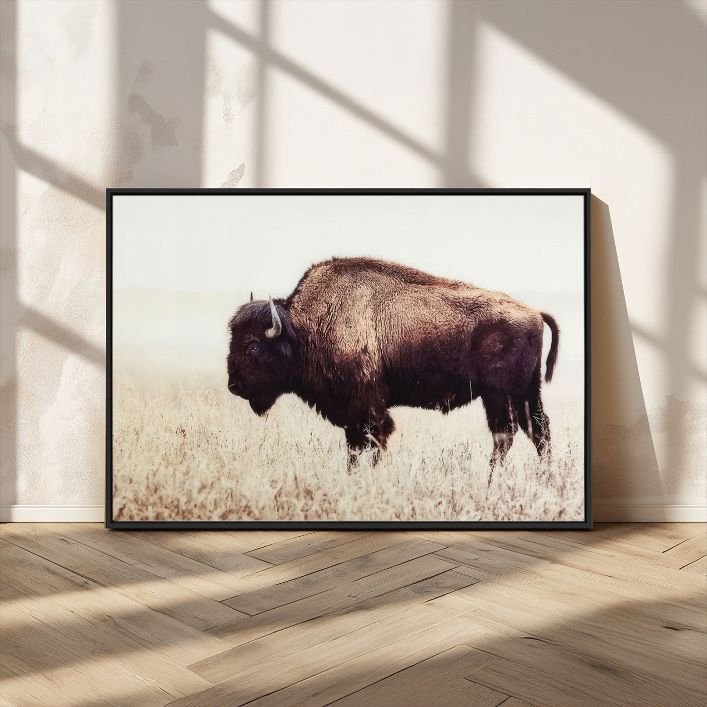48406-MGV-CV-36X24-American Bison Wall Art – Rustic Buffalo Canvas Print in Prairie Field, Western Wildlife Photography Decor for Cabin, Lodge,