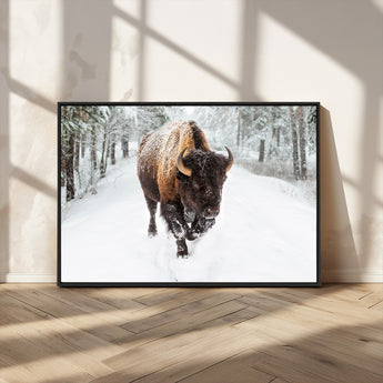 10109-MGV-CV-36X24-Majestic Bison Winter Wall Art – Snowy Forest Buffalo Canvas Print, Rustic Wildlife Photography Decor for Cabin, Lodge, Living