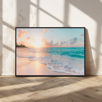 36554-MGV-CV-36X24-Tropical Beach Sunset Wall Art – Ocean Waves and Palm Canvas Print, Coastal Seascape Photography Decor for Living Room, Bedroom,
