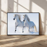 80145-MGV-CV-36X24-White Horses Running Snow Wall Art – Majestic Equine Canvas Print, Winter Nature Photography Decor for Living Room, Office,