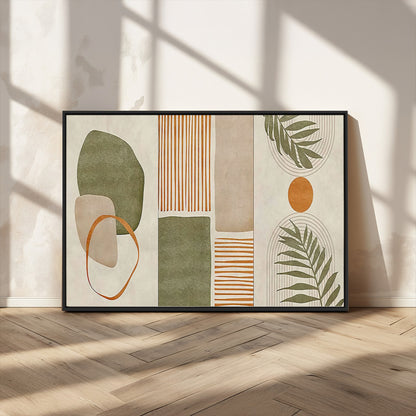 96002-MGV-CV-36X24-Abstract Geometric Wall Art – Modern Canvas Print with Green, Orange & Beige Shapes, Minimalist Home Decor for Living Room, Office