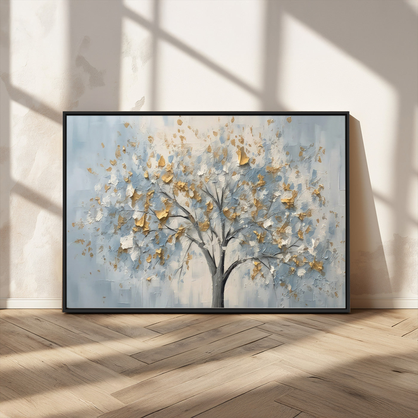 65811-MGV-CV-36X24-Abstract Tree Wall Art – Textured Canvas Painting with Gold and White Leaves, Modern Nature Inspired Decor for Living Room or