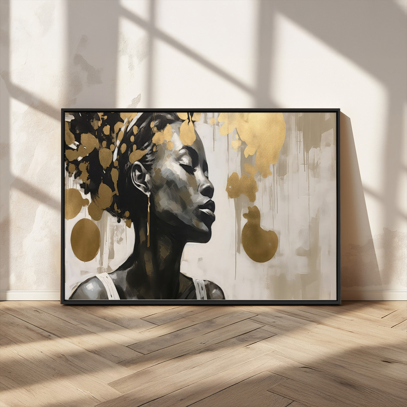 65669-MGV-CV-36X24-Elegant Black Woman Wall Art – Modern Abstract Portrait Canvas with Gold Accents, Contemporary Afrocentric Decor for Living Room