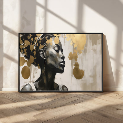65669-MGV-CV-36X24-Elegant Black Woman Wall Art – Modern Abstract Portrait Canvas with Gold Accents, Contemporary Afrocentric Decor for Living Room
