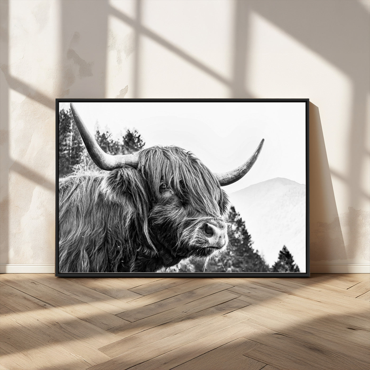61570-MGV-CV-36X24-Highland Cow Wall Art – Black and White Scottish Bull Canvas Print, Rustic Farmhouse Animal Decor for Living Room, Bedroom, or