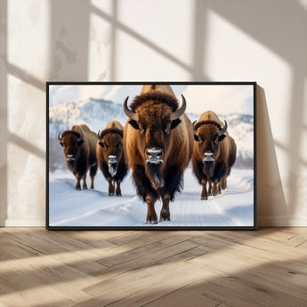 56701-MGV-CV-36X24-Bison Herd Wall Art – Buffalo Walking in Snowy Mountains Canvas Print, Rustic Wildlife Decor for Cabin, Lodge, or Living Room