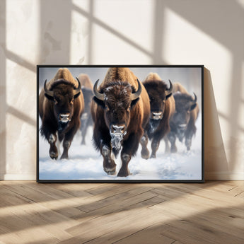 80512-MGV-CV-36X24-Bison Herd Wall Art – Buffalo Running in Snow Canvas Print, Rustic Wildlife Photography Decor for Cabin, Lodge, or Living Room