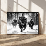 97552-MGV-CV-36X24-Black and White Bison Wall Art – Buffalo Herd Running in Snow Canvas Print, Rustic Wildlife Photography Decor for Cabin, Lodge, or
