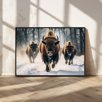 56549-MGV-CV-36X24-Wild Bison Wall Art – Majestic Buffalo Herd Running in Snow Canvas Print, Rustic Wildlife Photography Decor for Cabin, Lodge, or