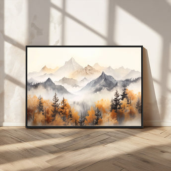 70049-MGV-FC-36X24_Black-Autumn Mountain Forest Wall Art – Misty Landscape Canvas Print, Rustic Nature Inspired Decor for Living Room, Bedroom or Office