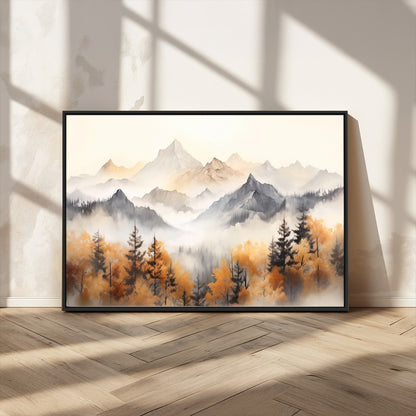 70049-MGV-FC-36X24_Black-Autumn Mountain Forest Wall Art – Misty Landscape Canvas Print, Rustic Nature Inspired Decor for Living Room, Bedroom or Office