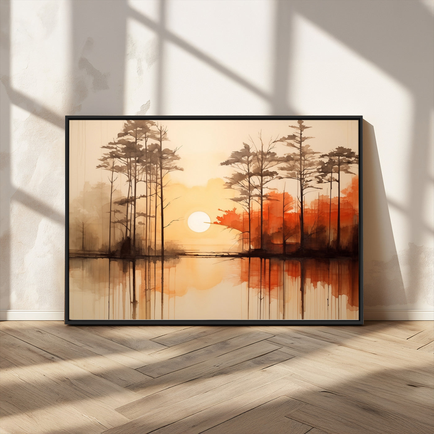 51083-MGV-CV-36X24-Sunset Lake Forest Wall Art – Serene Trees and Orange Sky Reflection Canvas Print, Tranquil Nature Decor for Living Room, Office