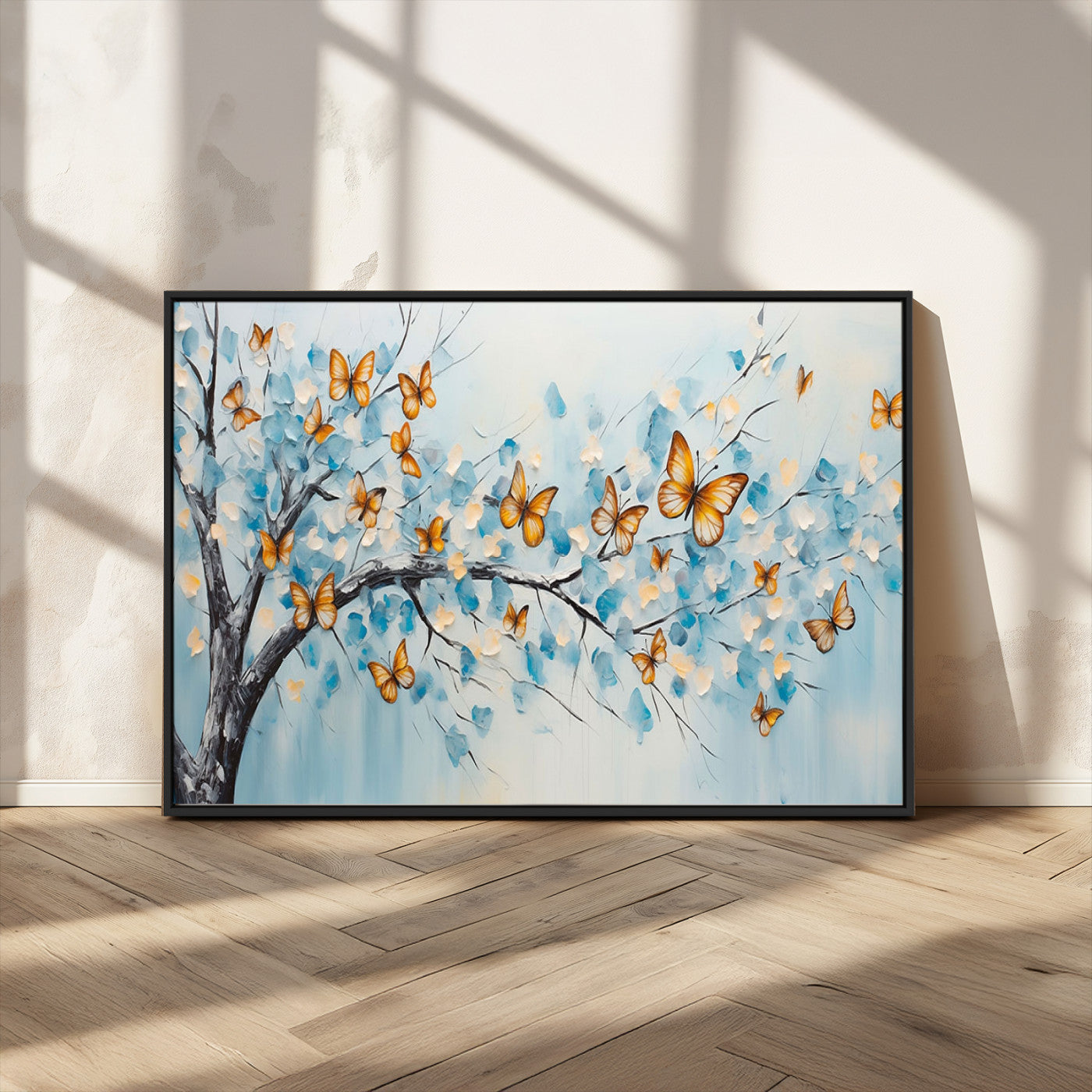 59455-MGV-CV-36X24-Butterfly Tree Branch Wall Art – Blue and Yellow Abstract Canvas Print, Modern Nature Artwork for Living Room, Bedroom or Office