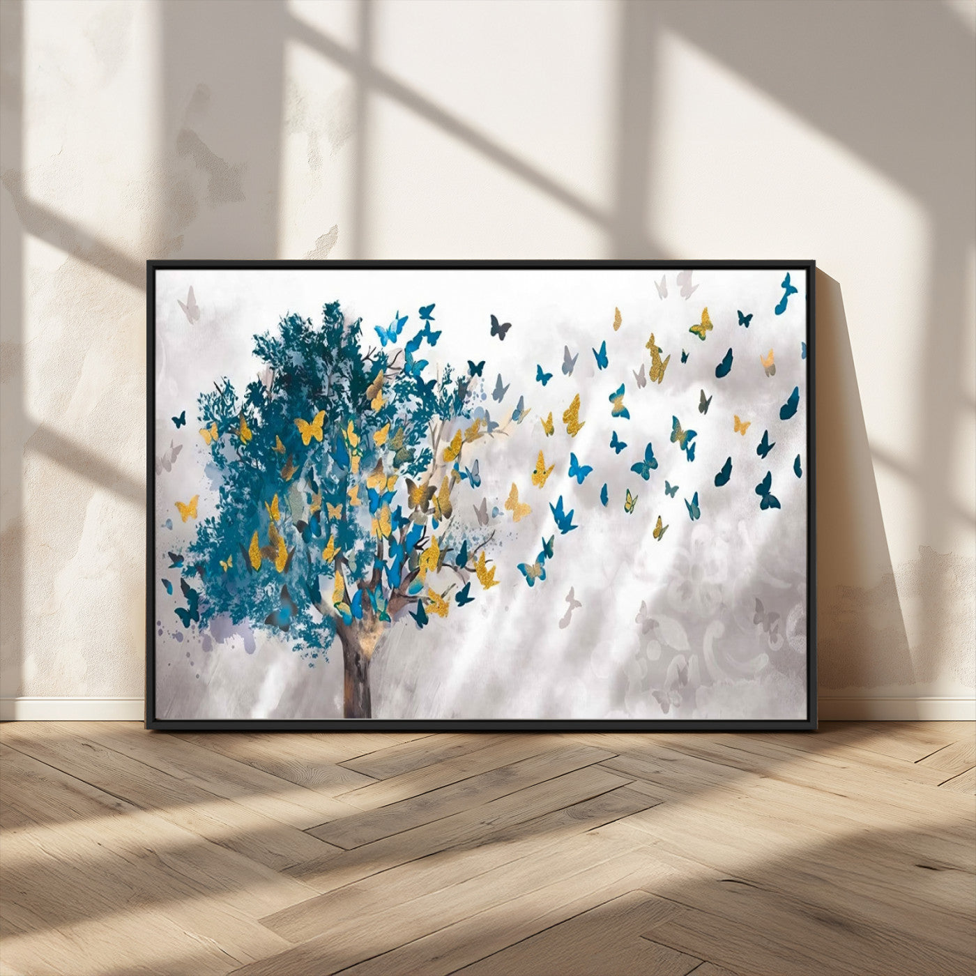 37564-MGV-CV-36X24-Butterfly Tree Wall Art – Modern Nature Canvas Print with Blue and Golden Butterflies, Elegant Decorative Painting for Living Room