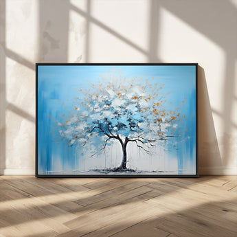 25021-MGV-CV-36X24-Abstract Tree Wall Art – Blue and White Canvas Painting with Gold Accents, Modern Nature-Inspired Artwork for Living Room, Bedroom