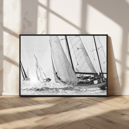 Boat-1-MGV-CV-36X24-Sailboat Racing Wall Art – Nautical Black and White Canvas Print, Ocean Adventure Decor for Office, Living Room or Bedroom