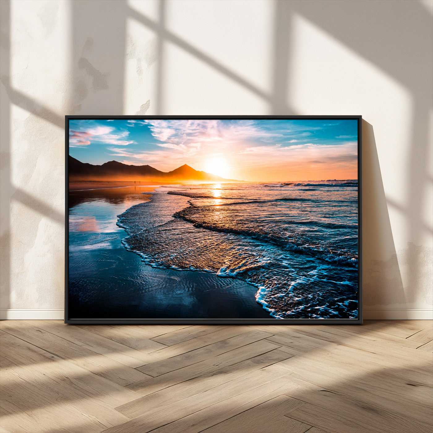 26494-MGV-FC-36X24_Black-Ocean Sunset Wall Art – Scenic Beach Canvas Print with Waves and Mountains, Coastal Seascape Photography for Living Room, Bedroom