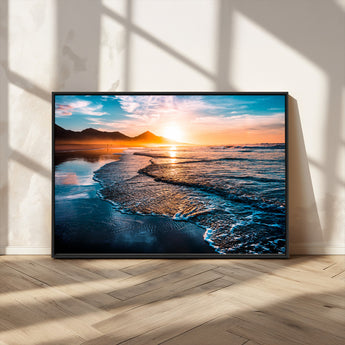 26494-MGV-FC-36X24_Black-Ocean Sunset Wall Art – Scenic Beach Canvas Print with Waves and Mountains, Coastal Seascape Photography for Living Room, Bedroom
