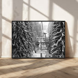 19240-MGV-CV-36X24-Ski Lift Wall Art – Black and White Winter Mountain Canvas Print, Snowy Forest Ski Resort Photography for Cabin, Lodge, Office or