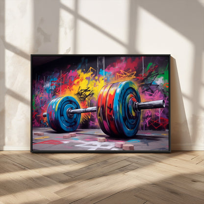 13549-MGV-FC-36X24_Black-Graffiti Gym Wall Art Canvas Print, Framed Graffiti Barbell Art Picture Print, Weightlifting Perfect Fitness Studio Decor Artwork
