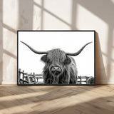 58188-MGV-CV-36X24-Highland Cow Wall Art – Black and White Rustic Farmhouse Canvas Print, Longhorn Cattle Photography Decor for Living Room or