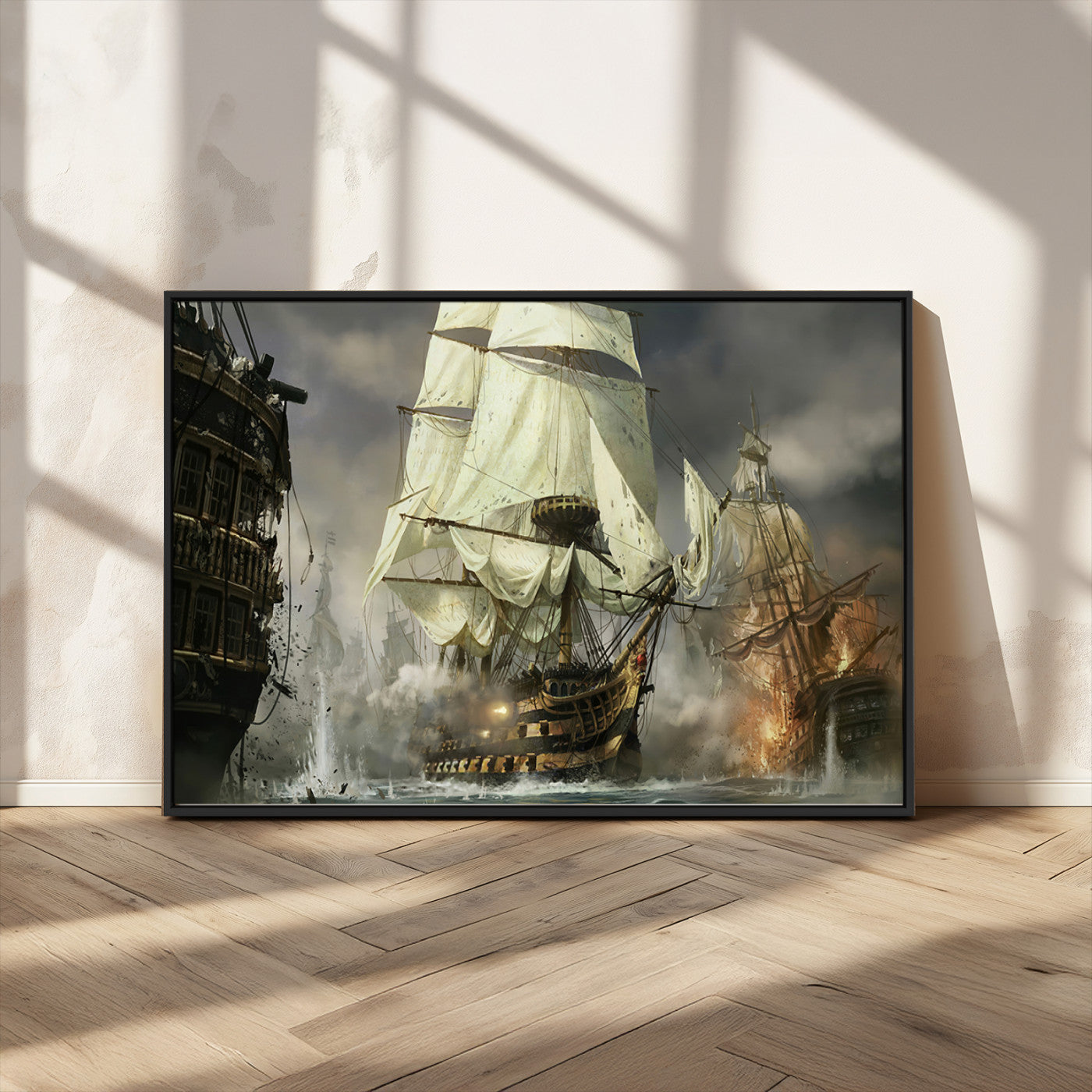 26512-MGV-CV-36X24-Naval Battle Wall Art – Dramatic Tall Ship Canvas Print, Historic Pirate Sailing War Scene, Nautical Decor for Office, Study or