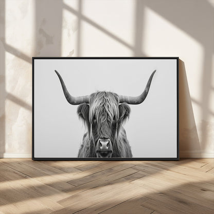 35820-MGV-FC-36X24_Black-Minimalist Highland Cow Wall Art – Black and White Longhorn Cattle Canvas Print, Modern Farmhouse Animal Photography Decor for