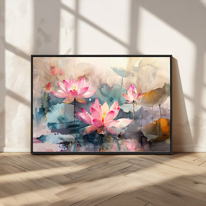27936-MGV-CV-36X24-Lotus Pond Wall Art – Watercolor Pink Lotus Flowers Canvas Print, Tranquil Botanical Artwork for Bedroom, Living Room or