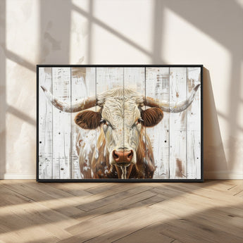 71551-MGV-CV-36X24-Longhorn Bull Wall Art – Rustic Western Cow Canvas Print, Farmhouse Animal Painting with Wood Plank Style for Living Room, Office
