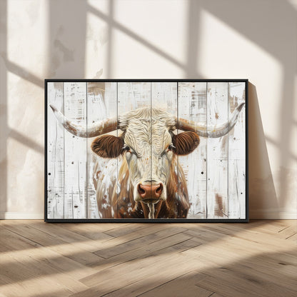 71551-MGV-CV-36X24-Longhorn Bull Wall Art – Rustic Western Cow Canvas Print, Farmhouse Animal Painting with Wood Plank Style for Living Room, Office