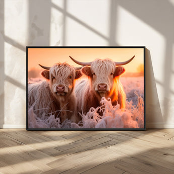 68253-MGV-CV-36X24-Highland Cow Wall Art – Rustic Farmhouse Cattle Canvas Print, Frosty Sunset Animal Artwork for Living Room, Bedroom or Country